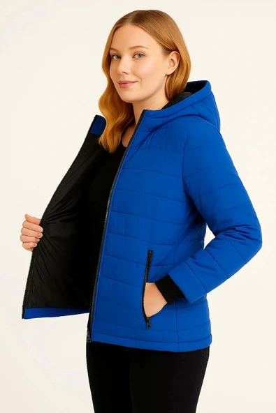 Kadın Şişme Kapüşonlu Fermuarlı Mont Su itici Kapitone Astarlı Kumaş Cepli Kışlık Rahat Kalıp  - Saks Mavisi - Resim 2