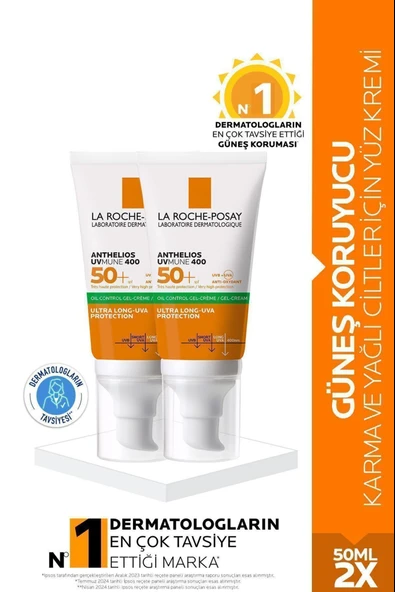La Roche Posay Anthelios Spf 50+ Yağlı Ciltler için Yüksek Korumalı Yüz Güneş Kremi 50 ml 2 Adet ürün görseli