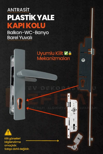 PVC Pimapen Plastik Yale Kapı Kolu – Balkon, Tuvalet (WC), Banyo – Antrasit – (40 Takım / 1 Koli) - Resim 3