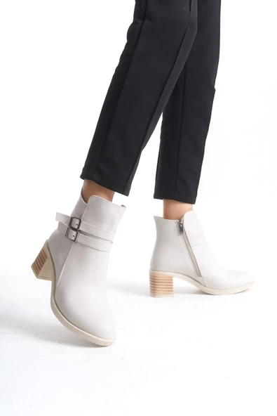 New Noemi Kadın Yüksek Topuklu Krem Deri Bot - Resim 2