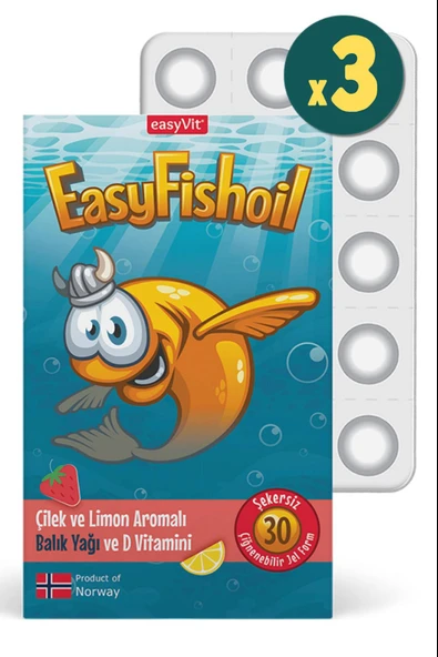 EasyFishoil Çocuk Çilek ve Limon Aromalı 30 Çiğneme Tableti 3 Adet ürün görseli