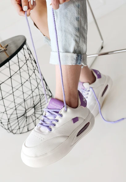 Chris Beyaz Cilt Lila Detaylı Bağcıklı Spor Ayakkabı - Resim 2