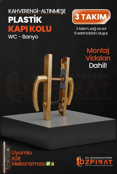 PVC Pimapen Plastik Banyo, Tuvalet, WC Kapı Kolu – Altınmeşe/Kahverengi –  (3 Takım) ürün görseli 1