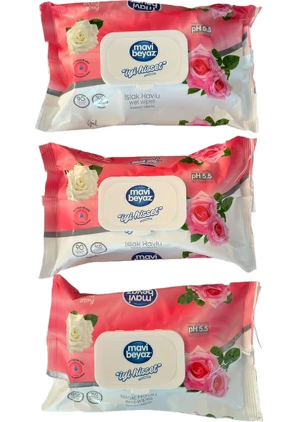 Mavi Beyaz Islak Havlu 90'lı Gül Kokulu 3 Adet ürün görseli 1