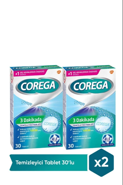 Corega 3 Dakikada Diş Protezi Temizleyici 30 Tablet 2 Adet ürün görseli