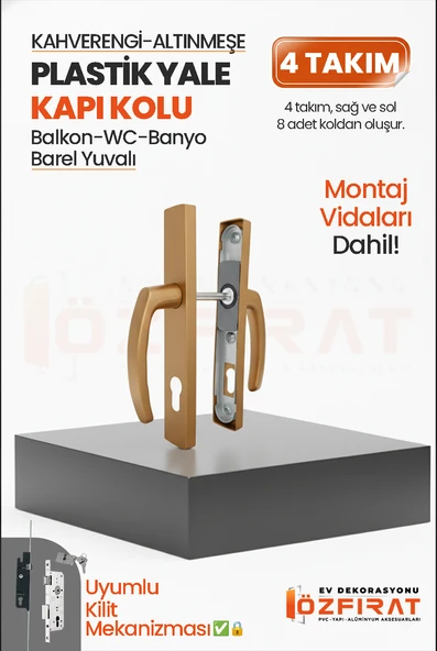 PVC Pimapen Plastik Yale Kapı Kolu – Balkon, Tuvalet (WC), Banyo – Kahverengi/Altınmeşe – (4 Takım) ürün görseli 1