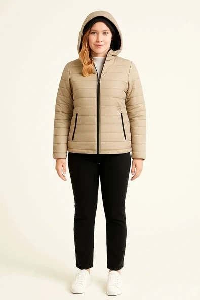 Kadın Şişme Kapüşonlu Fermuarlı Mont Su itici Kapitone Astarlı Kumaş Cepli Kışlık Rahat Kalıp - Bej - Resim 2
