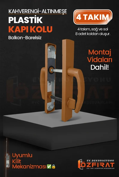 PVC Pimapen Plastik Balkon Kapı Kolu – Barelsiz – Altınmeşe/Kahverengi – (4 Takım) ürün görseli 1