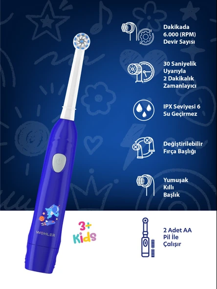 Wohler Değiştirilebilir Başlıklı Pilli Erkek Çocuk Diş Fırçası 3+ , Fda Onaylı - Resim 2