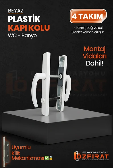 PVC Pimapen Plastik Banyo, Tuvalet, WC Kapı Kolu – Beyaz –  (4 Takım) ürün görseli 1