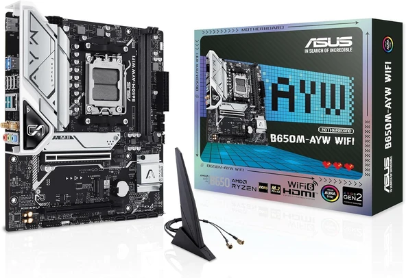 ASUS B650M-AYW WiFi AMD B650 Micro-ATX Anakart, DDR5, PCIe 5.0 M.2 Desteği, HDMI, Realtek 2.5Gb Ethernet, Wi-Fi 6, Arka USB 10Gbps Bağlantı Noktaları, Ön USB 5Gbps Tip-C, SATA 6 Gbps ürün görseli