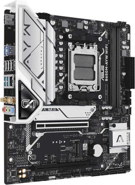 ASUS B650M-AYW WiFi AMD B650 Micro-ATX Anakart, DDR5, PCIe 5.0 M.2 Desteği, HDMI, Realtek 2.5Gb Ethernet, Wi-Fi 6, Arka USB 10Gbps Bağlantı Noktaları, Ön USB 5Gbps Tip-C, SATA 6 Gbps - Resim 4