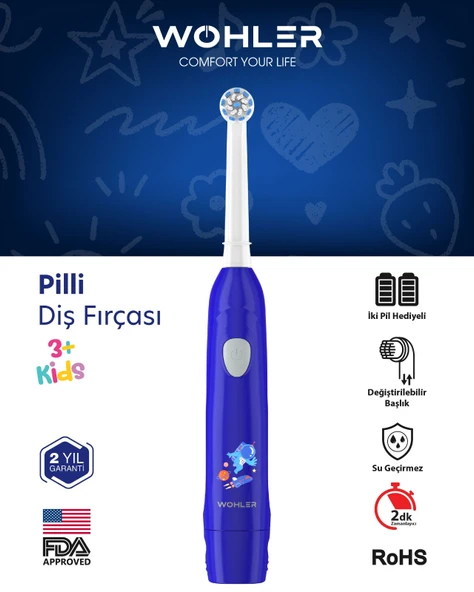 Wohler Değiştirilebilir Başlıklı Pilli Erkek Çocuk Diş Fırçası 3+ , Fda Onaylı ürün görseli 1