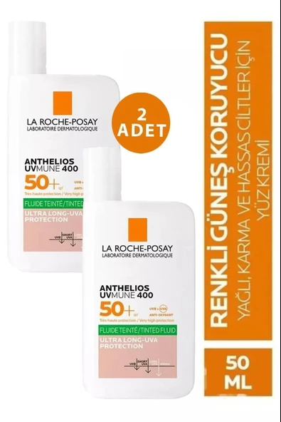 La Roche Posay Anthelios Oil Control Fluid SPF+50 Yağlı Ciltler için Akışkan Renkli Yüz Güneş Kremi 2 Adet ürün görseli 1