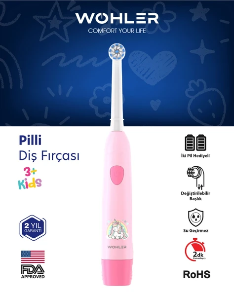 Wohler Değiştirilebilir Başlıklı Pilli Kız Çocuk Diş Fırçası 3+ , Fda Onaylı ürün görseli 1