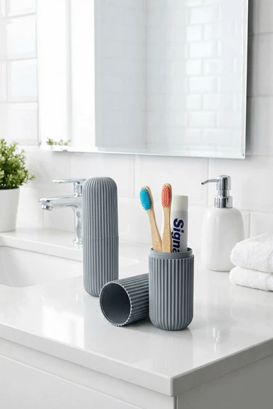 Gri - Seyahat Tipi Diş Fırçası, Makyaj Malzemesi Saklama Kabı, Çok Amaçlı Aksesuar Organizeri - Resim 2