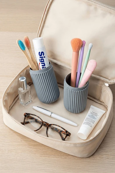 Gri - Seyahat Tipi Diş Fırçası, Makyaj Malzemesi Saklama Kabı, Çok Amaçlı Aksesuar Organizeri - Resim 5