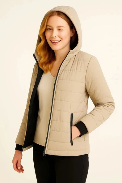 Kadın Şişme Kapüşonlu Fermuarlı Mont Su itici Kapitone Astarlı Kumaş Cepli Kışlık Rahat Kalıp - Bej ürün görseli 1