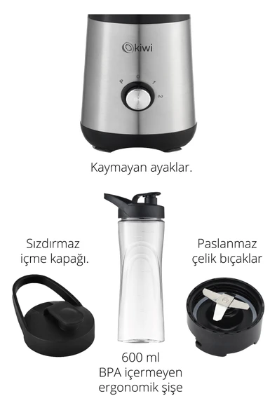 Kiwi Ksb-2240 Standlı Paslanmaz Çelik Sporcu Blender - Kişisel Smoothie Blender 600 ml Bardaklı - Resim 3