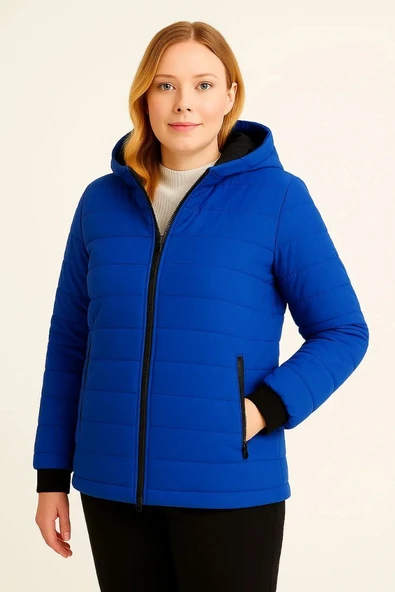 Kadın Şişme Kapüşonlu Fermuarlı Mont Su itici Kapitone Astarlı Kumaş Cepli Kışlık Rahat Kalıp  - Saks Mavisi - Resim 3