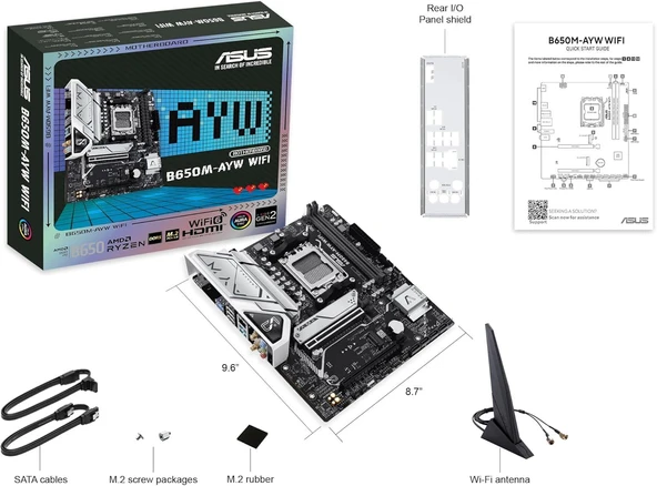 ASUS B650M-AYW WiFi AMD B650 Micro-ATX Anakart, DDR5, PCIe 5.0 M.2 Desteği, HDMI, Realtek 2.5Gb Ethernet, Wi-Fi 6, Arka USB 10Gbps Bağlantı Noktaları, Ön USB 5Gbps Tip-C, SATA 6 Gbps - Resim 6