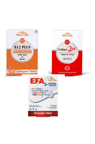 New Life B12 Plus 60 Tablet + Efa S 1200 90 Kapsül + Co Enz QH 30 Kapsül ürün görseli