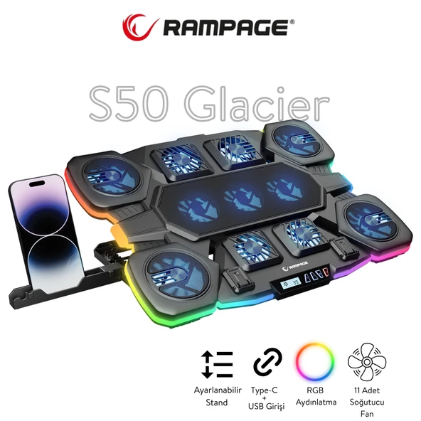 Rampage S50 Glacier RGB Işıklı 11 Fanlı LCD Göstergeli 1 Type C 1 Usb Girişli Yükselebilen Notebook Soğutucu ürün görseli