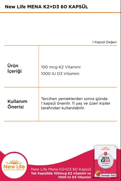New Life Mena K2+D3 60 Kapsül 2 Adet - Resim 2