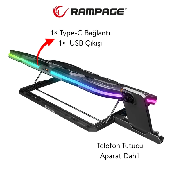 Rampage S50 Glacier RGB Işıklı 11 Fanlı LCD Göstergeli 1 Type C 1 Usb Girişli Yükselebilen Notebook Soğutucu - Resim 5