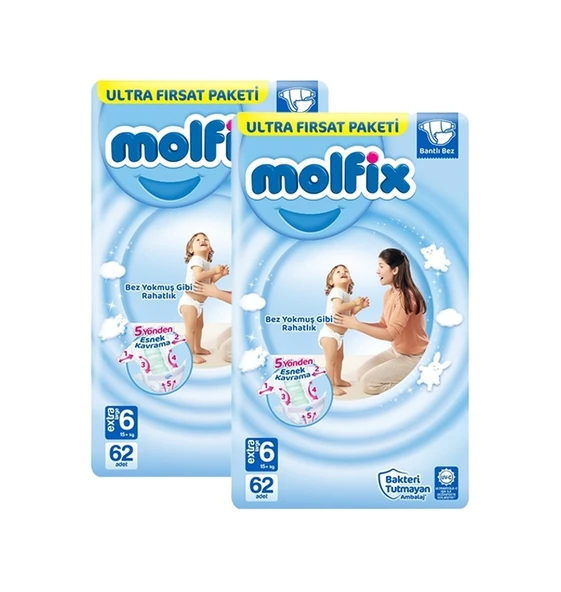 Molfix Bebek Bezi 6 Numara Xlarge Ultra Fırsat Paketi 2 x 62 Adet 2'li ürün görseli 1
