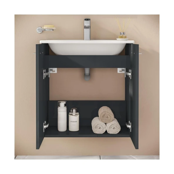Ardea 69561 Banyo Dolabı Seti, Kapaklı, 60 cm, Parlak Antrasit - Resim 5