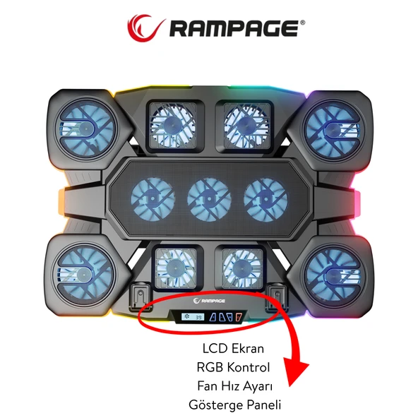 Rampage S50 Glacier RGB Işıklı 11 Fanlı LCD Göstergeli 1 Type C 1 Usb Girişli Yükselebilen Notebook Soğutucu - Resim 2