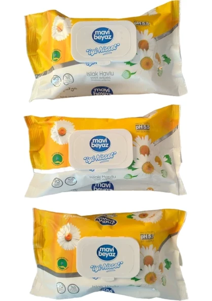 Mavi Beyaz Islak Havlu Papatya Kokulu 90'lı 3 Adet ürün görseli 1