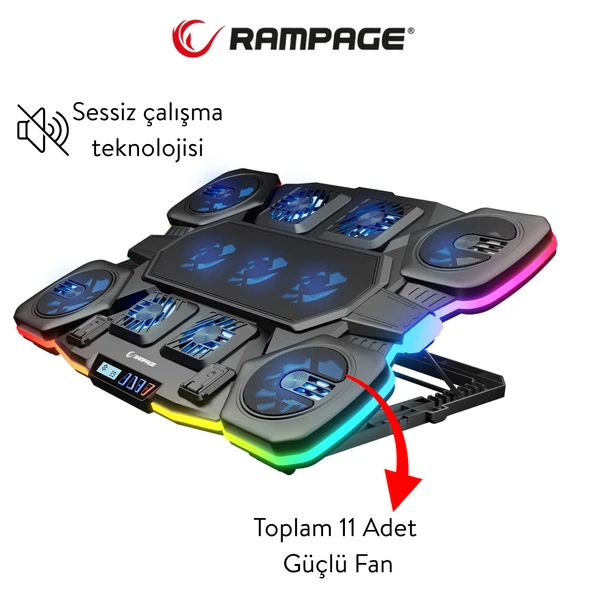 Rampage S50 Glacier RGB Işıklı 11 Fanlı LCD Göstergeli 1 Type C 1 Usb Girişli Yükselebilen Notebook Soğutucu - Resim 3