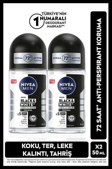 NIVEA MEN Erkek Roll-on Deodorant Black&white Invisible Original 50ml, 72 Saat Anti-perspirant, X2 Adet ürün görseli 1