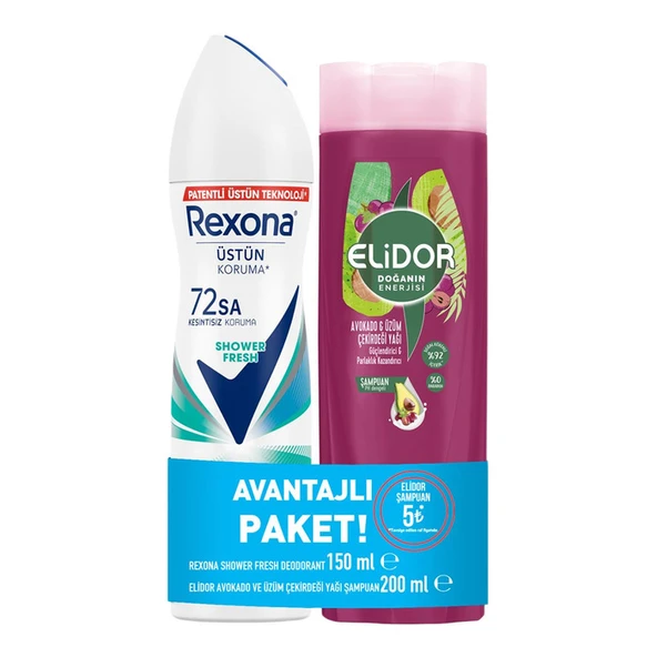 Rexona Shower Fresh Deodorant 150 Ml + Elidor Avokado & Üzüm Çekirdeği Yağı Şampuan 200 Ml ürün görseli 1