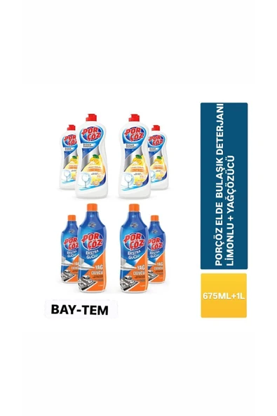 Porçöz 4 Adet 675 ml Elde Bulaşık Deterjanı Limon + 4 Adet 1000 ml Ekstra Güçlü Yağ Çözücü ürün görseli