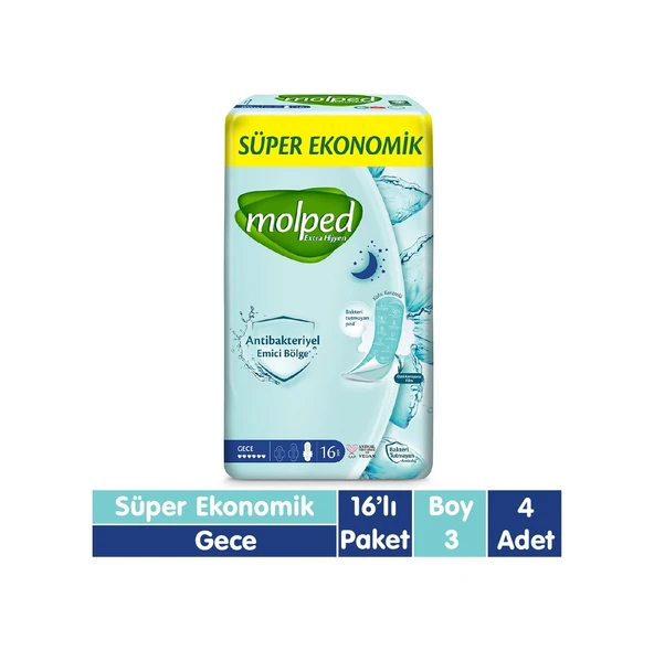 Molped Süper Ekonomik Antibakteriyel Ped Gece 4 x 16'lı ürün görseli 1