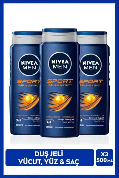NIVEA Men Erkek Canlandırıcı Banyo Ve Duş Jeli Sports 500ml, Vücut Yüz Saç, Yenileyici Mineral, X3 Adet ürün görseli 1