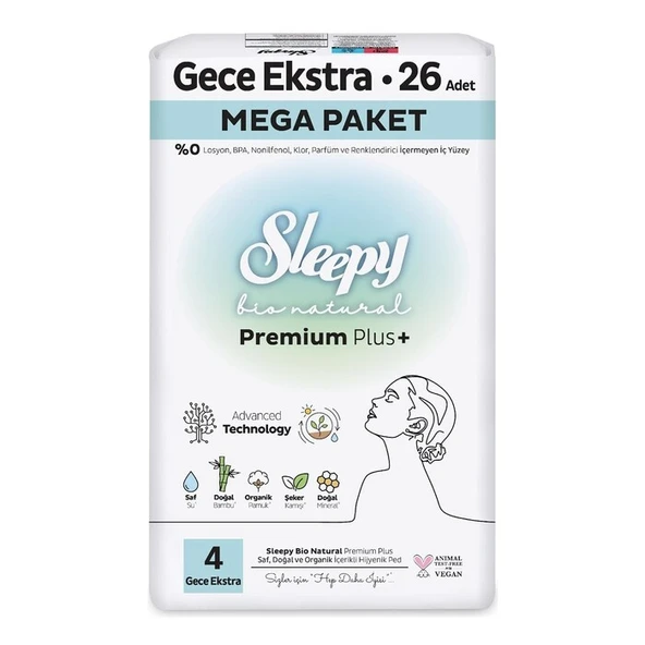 Sleepy Bio Natural Premium Plus Hijyenik Ped Mega Gece Extra 26'lı ürün görseli 1