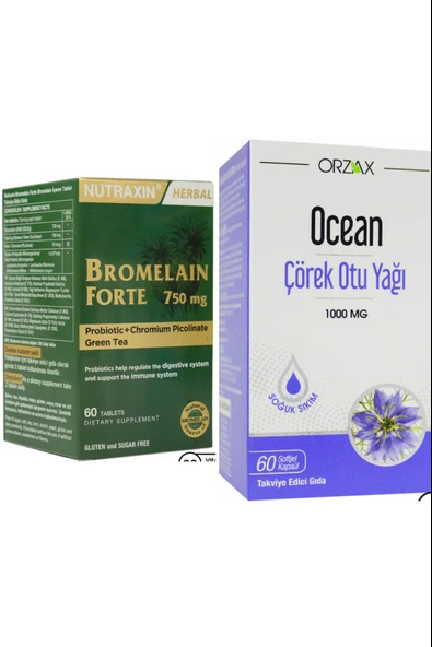 Nutraxin Bromelain Forte 750 mg 60 Tablet + Ocean Çörek Otu Yağı 1000 mg 60 Kapsül Form Paketi ürün görseli