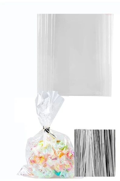 Big Party Kurabiye Jelatini Şeffaf Parlak Poşet 50'li Gümüş Tel Klips Hediyeli ürün görseli