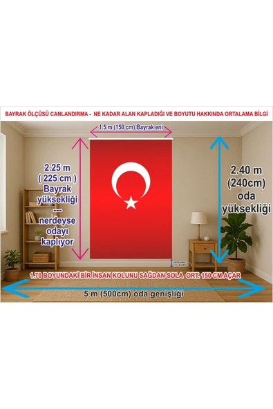 Alpaka 150x225 Cm Kumaş Türk Bayrağı - Oda Duvarını Boyut Olarak Boydan Kaplar - Resim 2