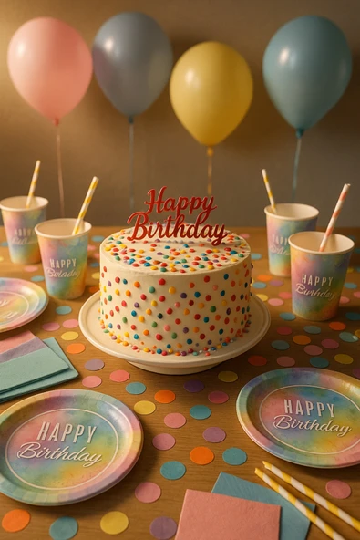 Big Party Makaron Happy Birthday Temalı Karton Tabak Bardak Set 8 Kişilik ürün görseli