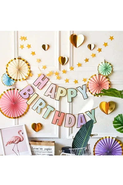 Big Party Rose Gold Varak Baskılı Yelpaze - Happy Birthday Varaklı Banner Set - Resim 3