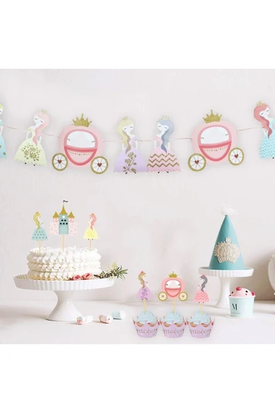 Big Party Prensesler Temalı Şatolu Arabalı Simli Banner 10 Parça Ve 10 Lu Kürdan Set ürün görseli