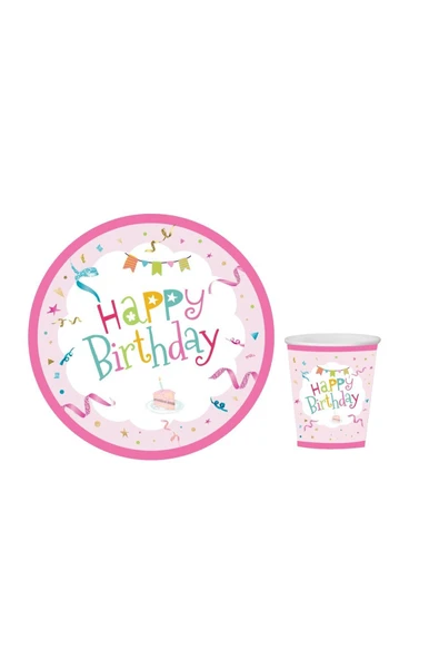 Big Party Happy Birthday Pembe Karton Tabak Bardak Set 8 Kişilik - Resim 2