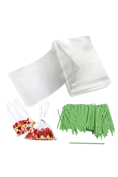 Big Party Kurabiye Jelatini Şeffaf Parlak Poşet, 50'li Yeşil Puantiyeli Tel Klips Hediyeli ürün görseli