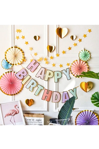 Big Party Happy Birthday Varak Baskılı Makaron Banner ürün görseli