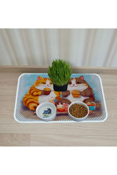 PeraMila KEDİ KÖPEK MAMA VE SU KABI ALTI PASPASI + TIRMALAMA - Resim 2